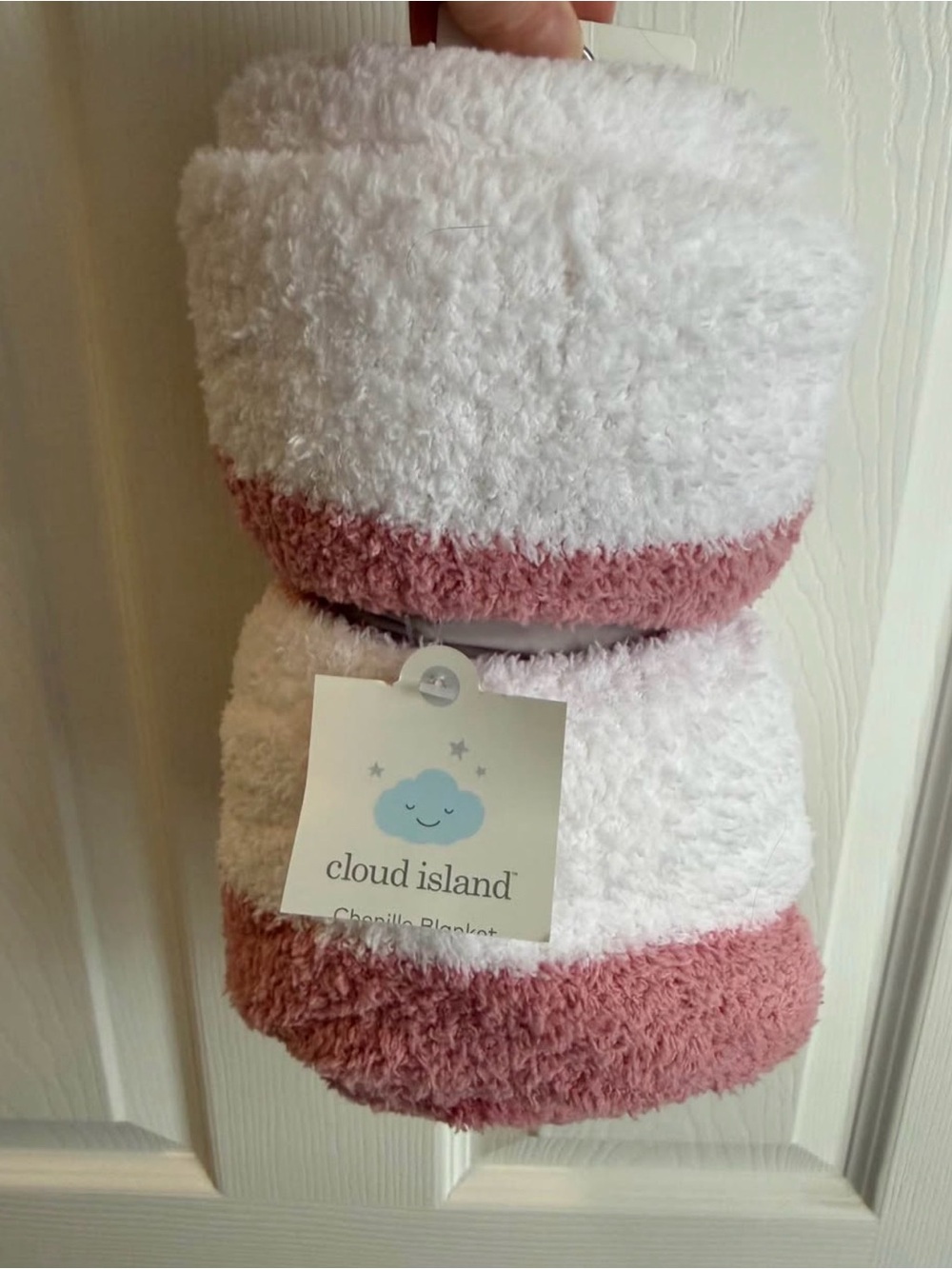 cloud island Plush Chenille Kids Blanket – White and Dusty Rose